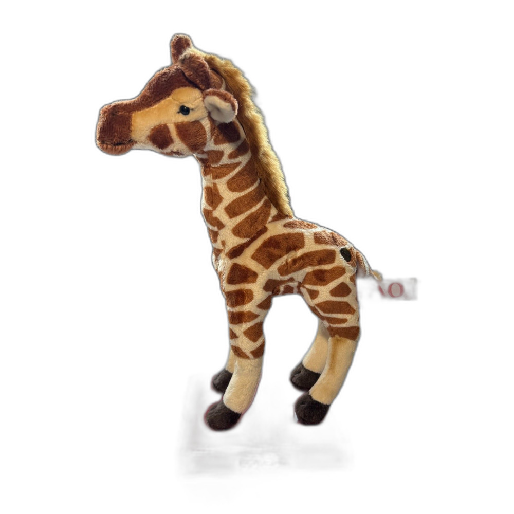 FAO Schwarz Miniature Giraffe Plush standing on a red FAO-branded display box.